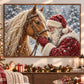 Christmas Horse Canvas Painting, Santa Claus Cuddling A Beautiful Palomino Horse Wall Art Decor, Xmas Poster Gift For Equestrian Horse Lover