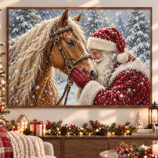 Christmas Horse Canvas Painting, Santa Claus Cuddling A Beautiful Palomino Horse Wall Art Decor, Xmas Poster Gift For Equestrian Horse Lover