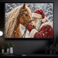 Christmas Horse Canvas Painting, Santa Claus Cuddling A Beautiful Palomino Horse Wall Art Decor, Xmas Poster Gift For Equestrian Horse Lover