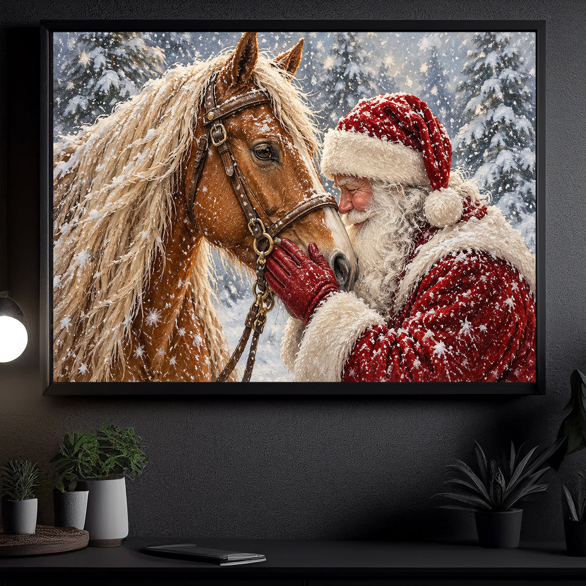 Christmas Horse Canvas Painting, Santa Claus Cuddling A Beautiful Palomino Horse Wall Art Decor, Xmas Poster Gift For Equestrian Horse Lover