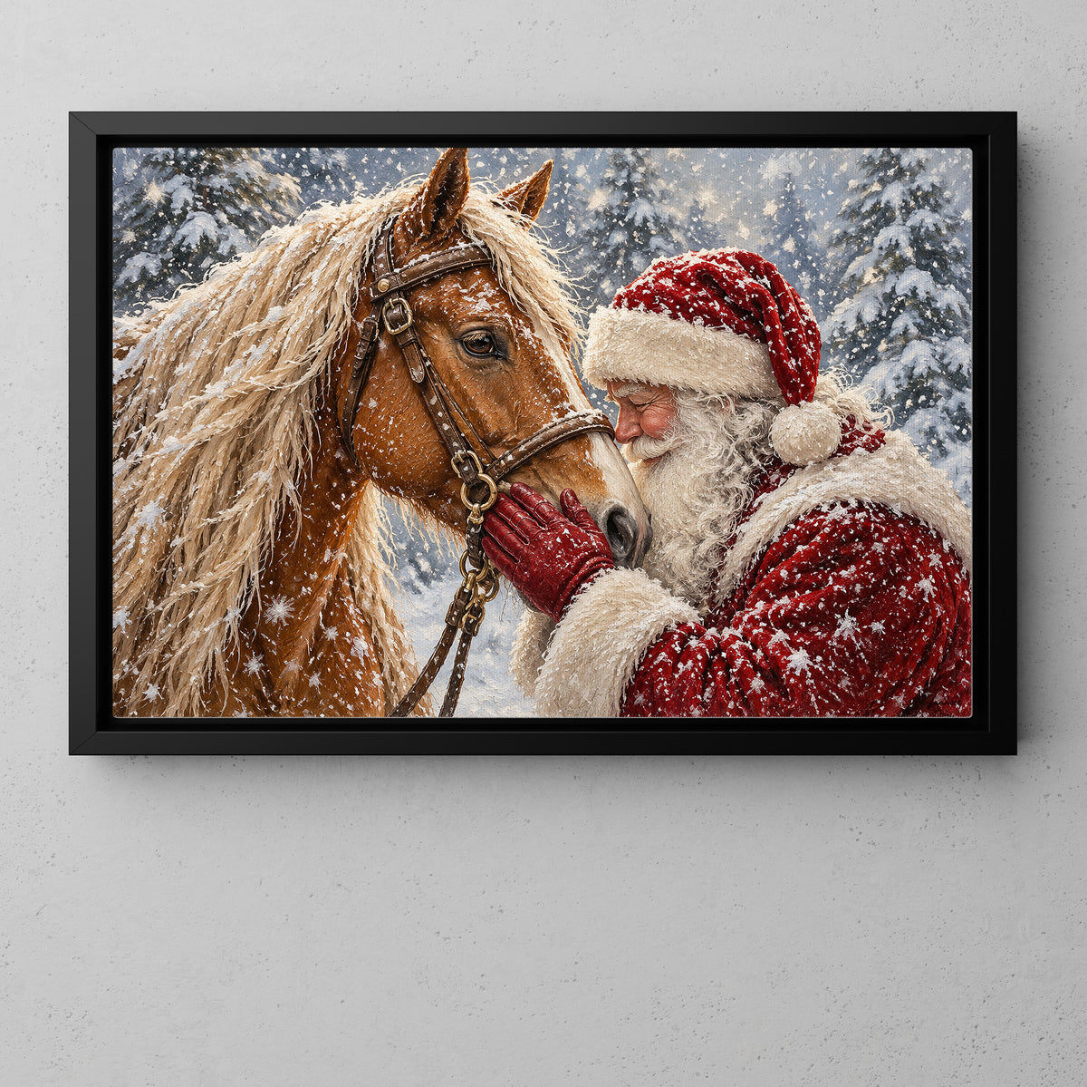 Christmas Horse Canvas Painting, Santa Claus Cuddling A Beautiful Palomino Horse Wall Art Decor, Xmas Poster Gift For Equestrian Horse Lover