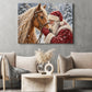 Christmas Horse Canvas Painting, Santa Claus Cuddling A Beautiful Palomino Horse Wall Art Decor, Xmas Poster Gift For Equestrian Horse Lover