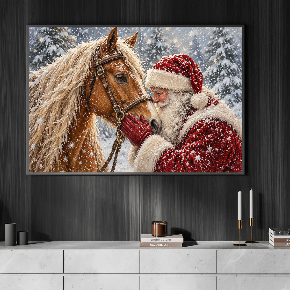 Christmas Horse Canvas Painting, Santa Claus Cuddling A Beautiful Palomino Horse Wall Art Decor, Xmas Poster Gift For Equestrian Horse Lover