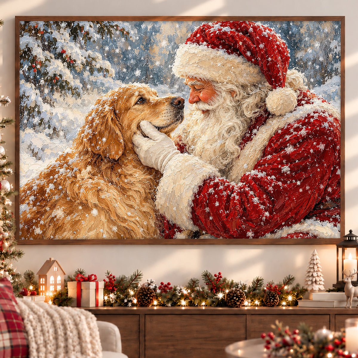 Cute Christmas Dog Winter Canvas Painting, Santa Claus Petting Golden Retriever Dog Wall Art Decor, Xmas Poster Gift For Dog Lover