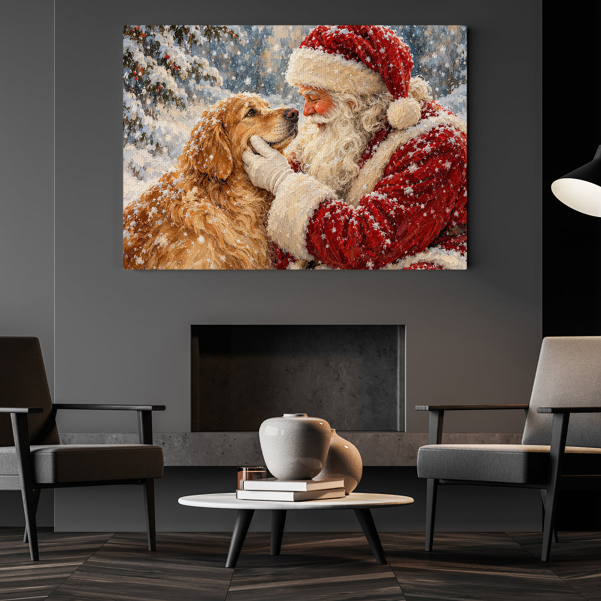 Cute Christmas Dog Winter Canvas Painting, Santa Claus Petting Golden Retriever Dog Wall Art Decor, Xmas Poster Gift For Dog Lover