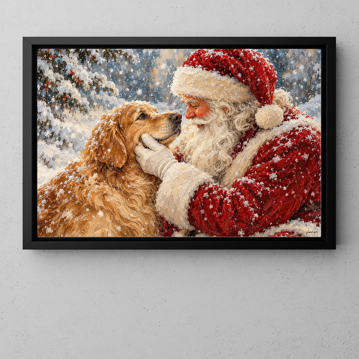 Cute Christmas Dog Winter Canvas Painting, Santa Claus Petting Golden Retriever Dog Wall Art Decor, Xmas Poster Gift For Dog Lover