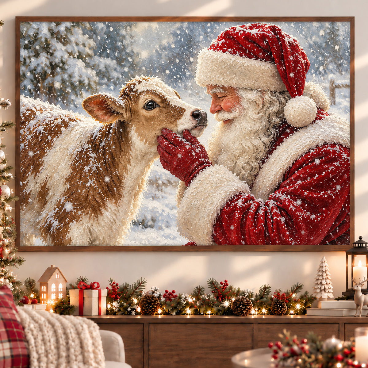 Cute Christmas Cow Winter Canvas Painting, Santa Claus And Baby Calf Wall Art Decor, Xmas Poster Gift For Cow Lover