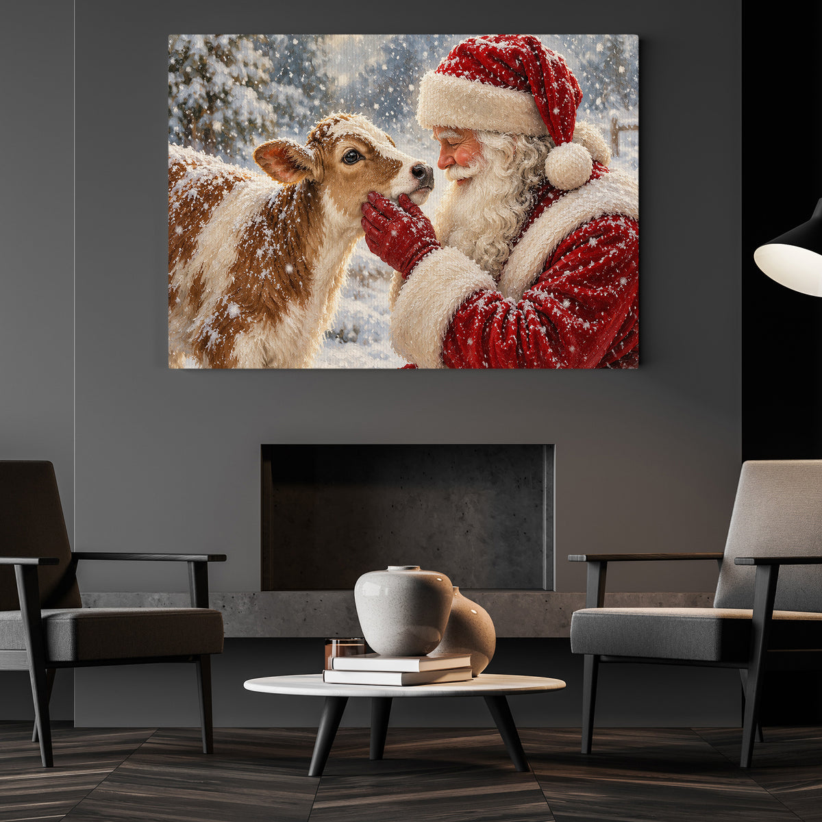 Cute Christmas Cow Winter Canvas Painting, Santa Claus And Baby Calf Wall Art Decor, Xmas Poster Gift For Cow Lover