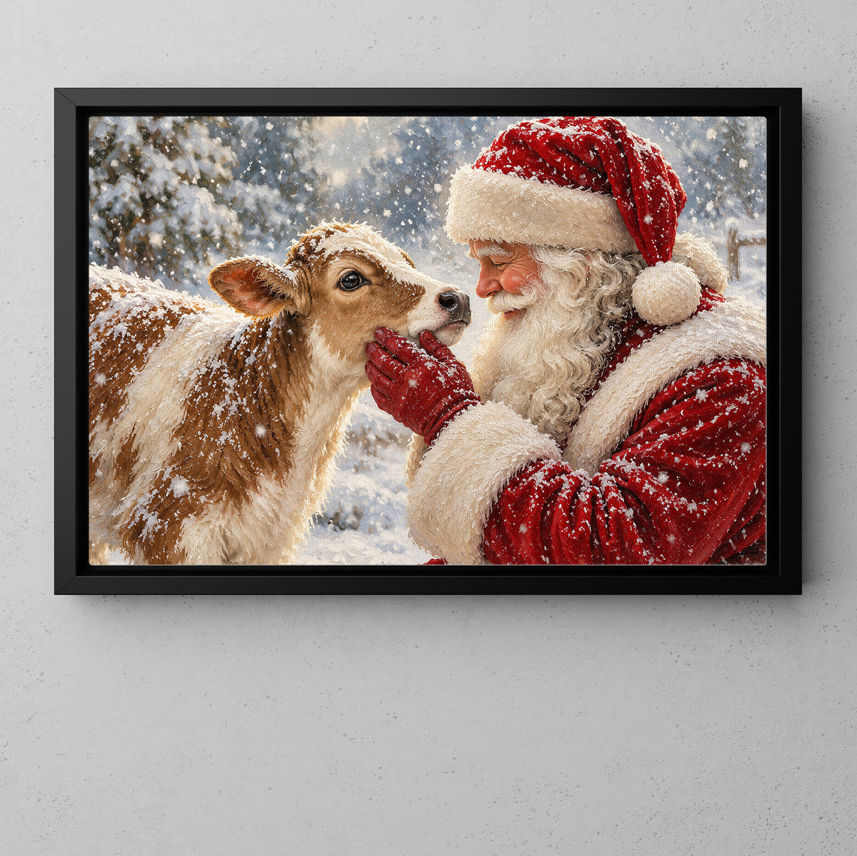 Cute Christmas Cow Winter Canvas Painting, Santa Claus And Baby Calf Wall Art Decor, Xmas Poster Gift For Cow Lover