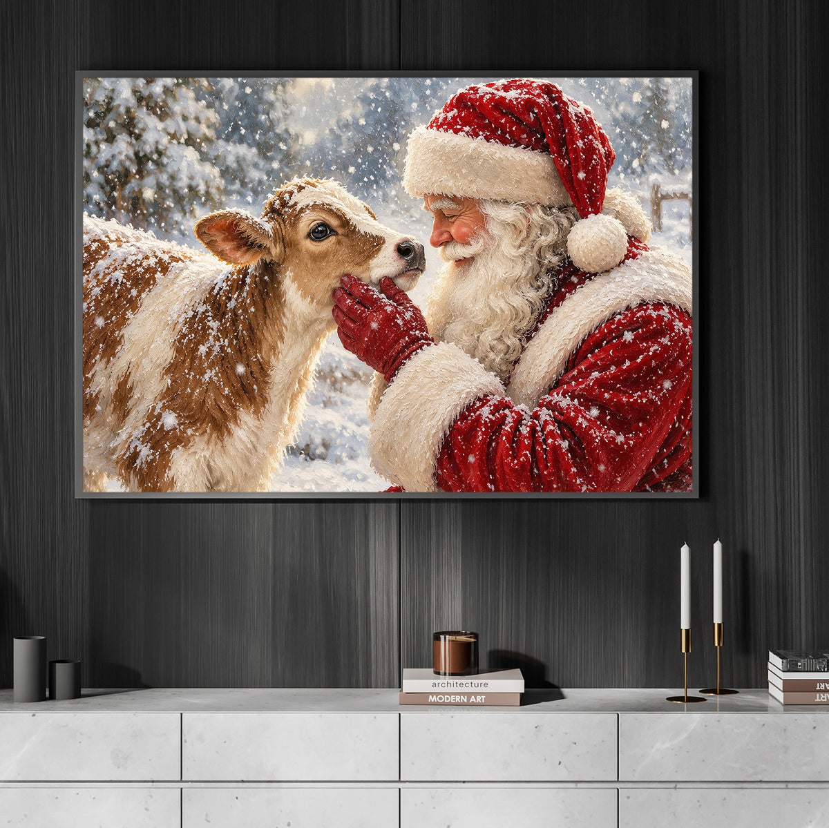 Cute Christmas Cow Winter Canvas Painting, Santa Claus And Baby Calf Wall Art Decor, Xmas Poster Gift For Cow Lover
