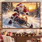 Christmas Santa Claus Snowmobile Canvas Painting, Santa Riding Snowmobile In Snow Wall Art Decor, Xmas Poster Gift For Snowmobiling Lover