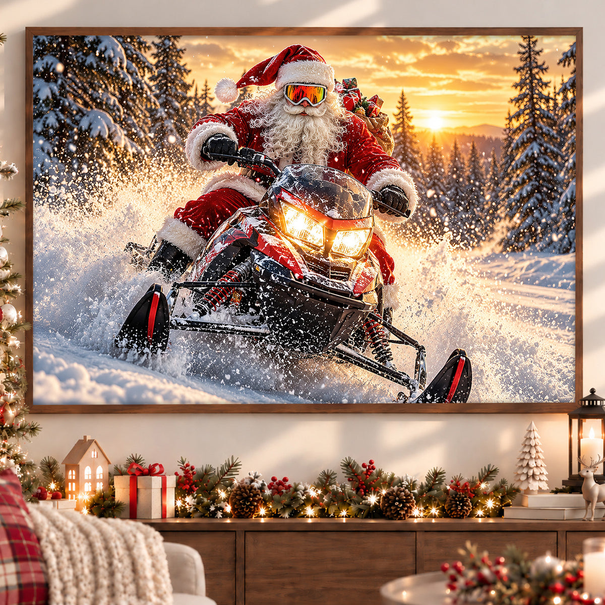 Christmas Santa Claus Snowmobile Canvas Painting, Santa Riding Snowmobile In Snow Wall Art Decor, Xmas Poster Gift For Snowmobiling Lover