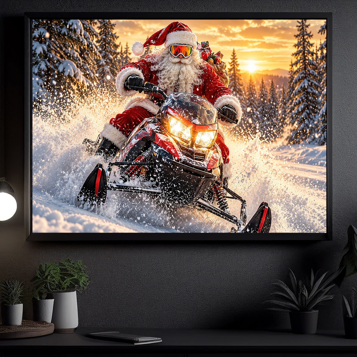 Christmas Santa Claus Snowmobile Canvas Painting, Santa Riding Snowmobile In Snow Wall Art Decor, Xmas Poster Gift For Snowmobiling Lover
