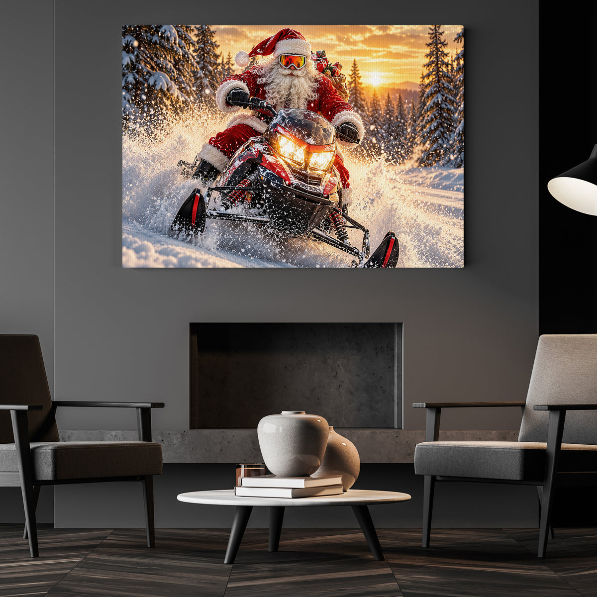 Christmas Santa Claus Snowmobile Canvas Painting, Santa Riding Snowmobile In Snow Wall Art Decor, Xmas Poster Gift For Snowmobiling Lover