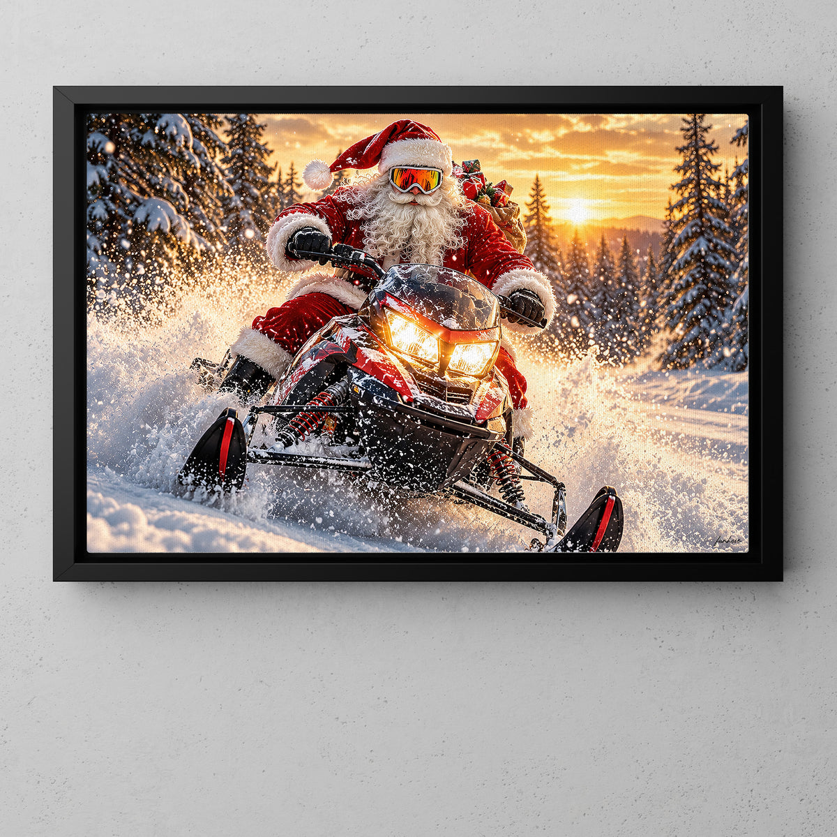 Christmas Santa Claus Snowmobile Canvas Painting, Santa Riding Snowmobile In Snow Wall Art Decor, Xmas Poster Gift For Snowmobiling Lover
