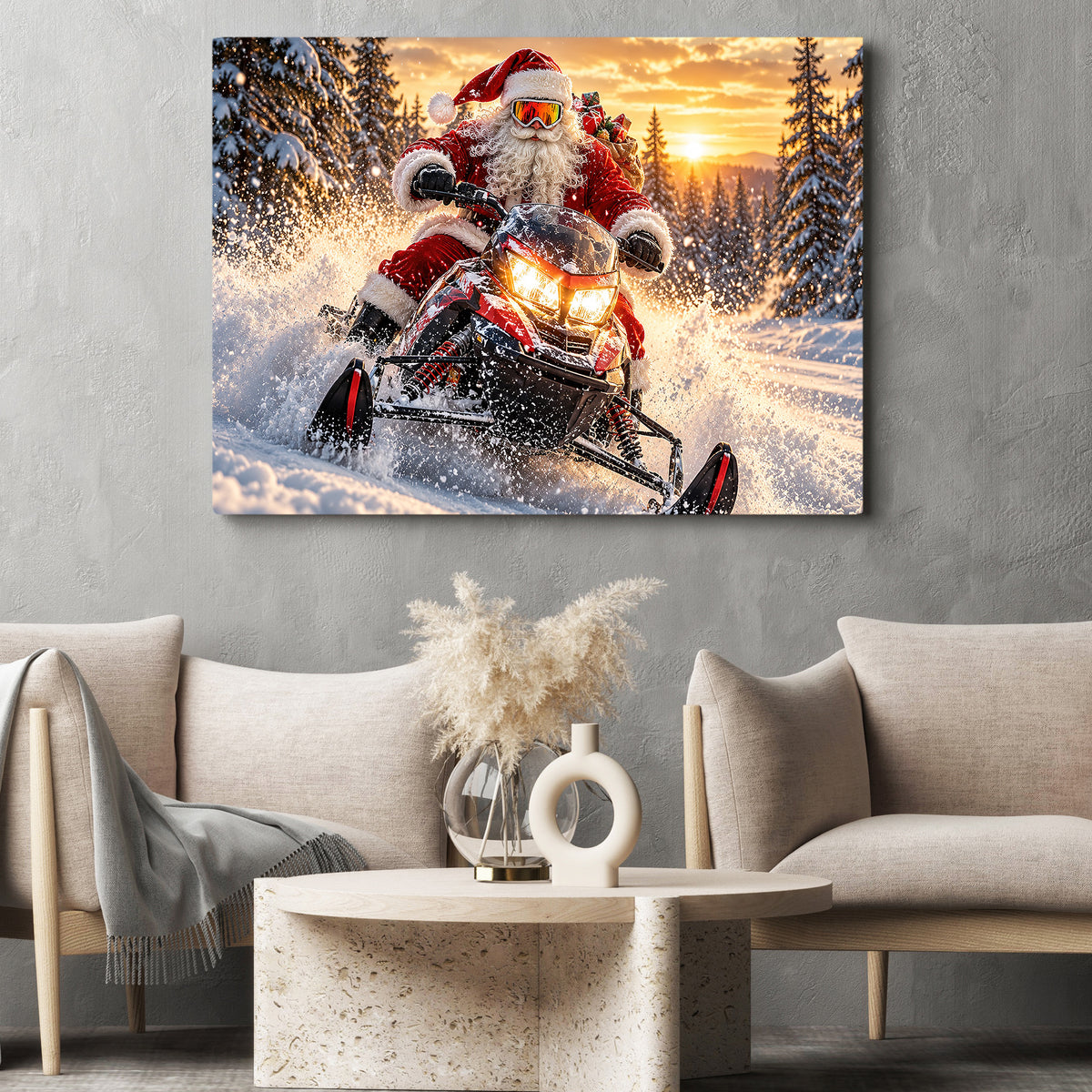 Christmas Santa Claus Snowmobile Canvas Painting, Santa Riding Snowmobile In Snow Wall Art Decor, Xmas Poster Gift For Snowmobiling Lover