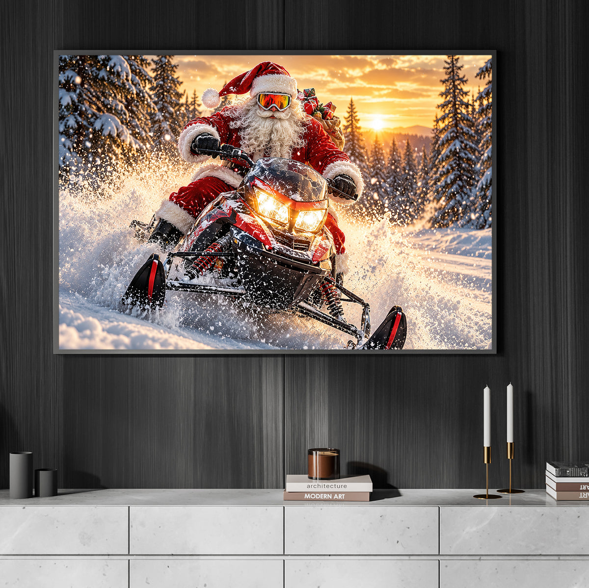 Christmas Santa Claus Snowmobile Canvas Painting, Santa Riding Snowmobile In Snow Wall Art Decor, Xmas Poster Gift For Snowmobiling Lover