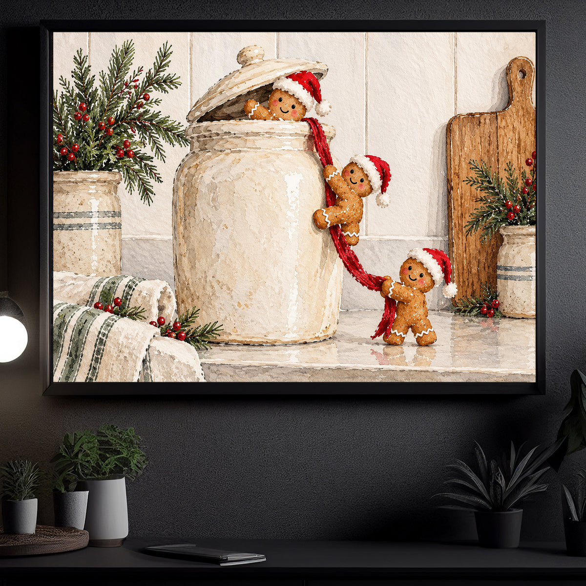 Christmas Gingerbread Canvas Painting, Gingerbread Cookies Climbing Cookie Jar Wall Art Decor, Xmas Poster Gift For Gingerbread Lover