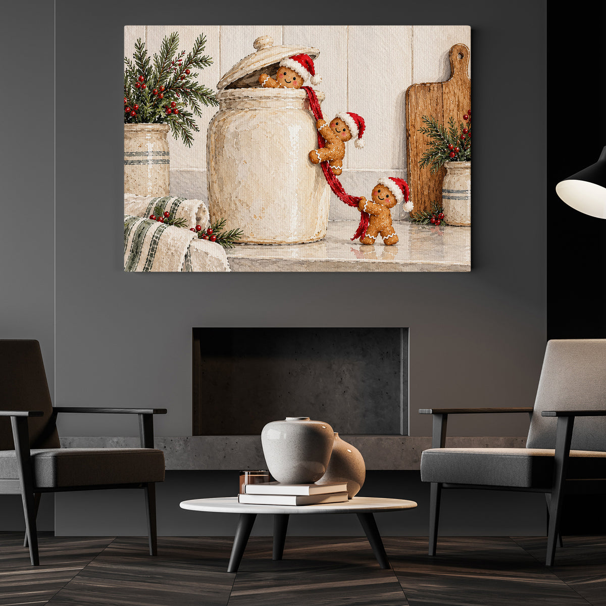 Christmas Gingerbread Canvas Painting, Gingerbread Cookies Climbing Cookie Jar Wall Art Decor, Xmas Poster Gift For Gingerbread Lover