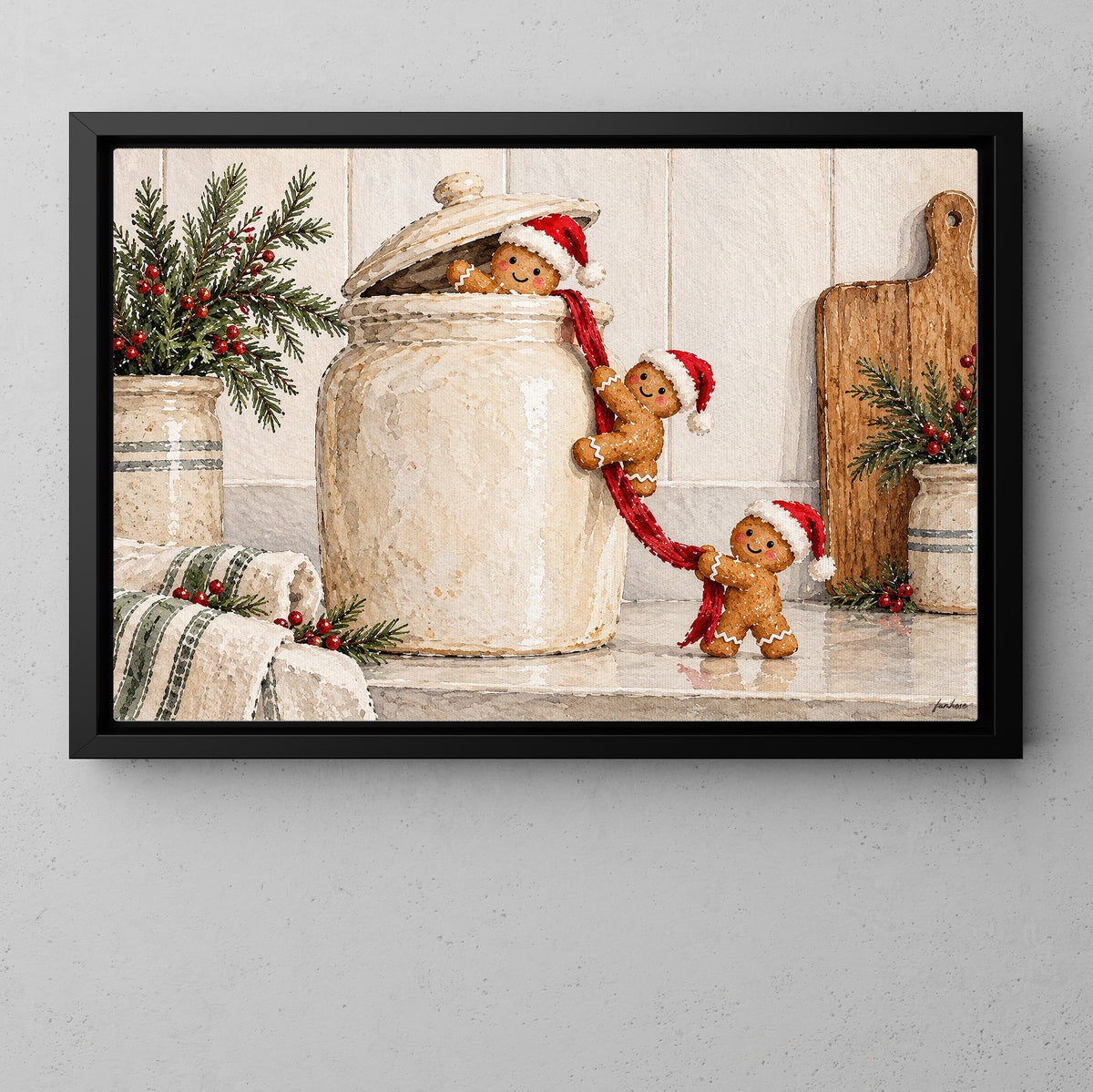 Christmas Gingerbread Canvas Painting, Gingerbread Cookies Climbing Cookie Jar Wall Art Decor, Xmas Poster Gift For Gingerbread Lover