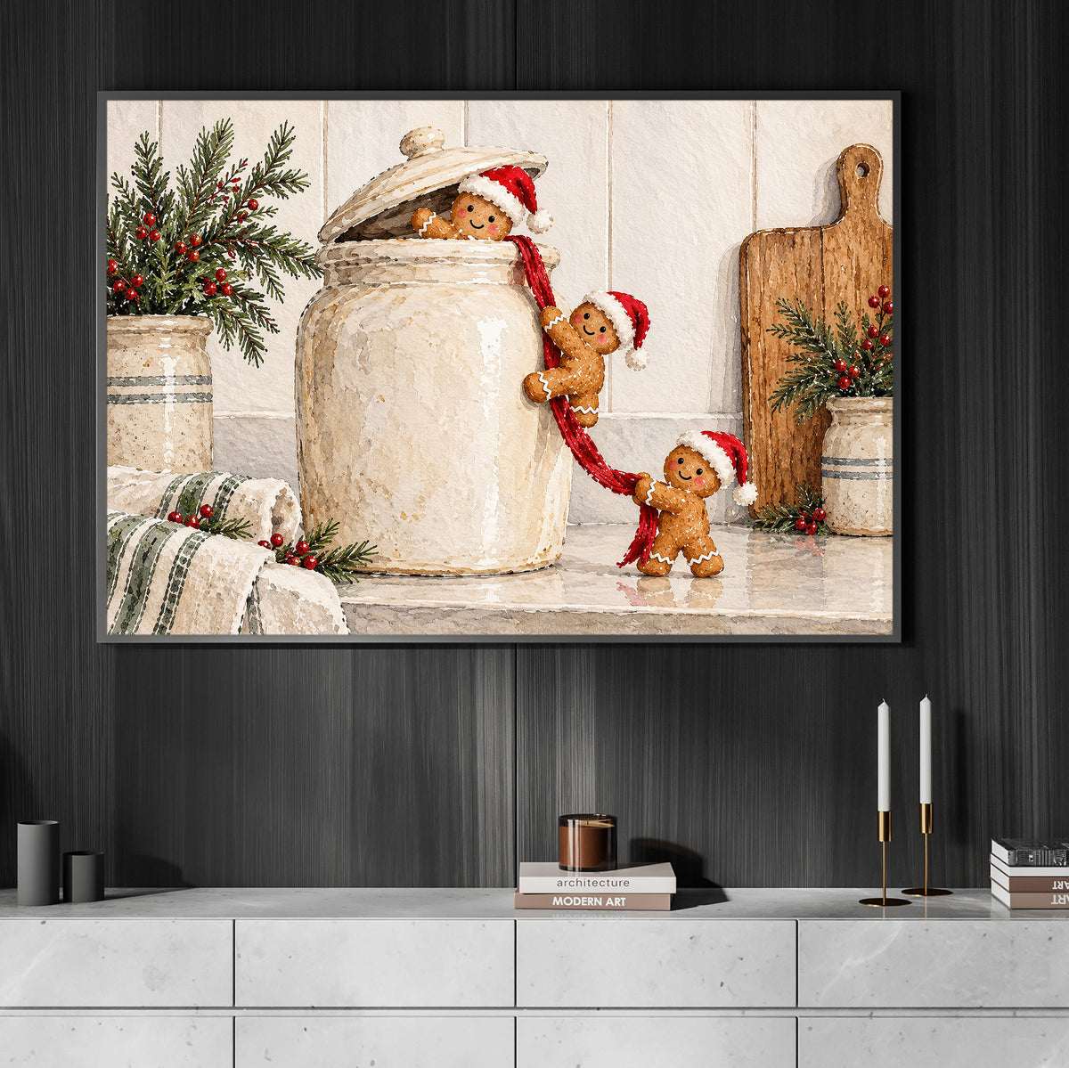 Christmas Gingerbread Canvas Painting, Gingerbread Cookies Climbing Cookie Jar Wall Art Decor, Xmas Poster Gift For Gingerbread Lover