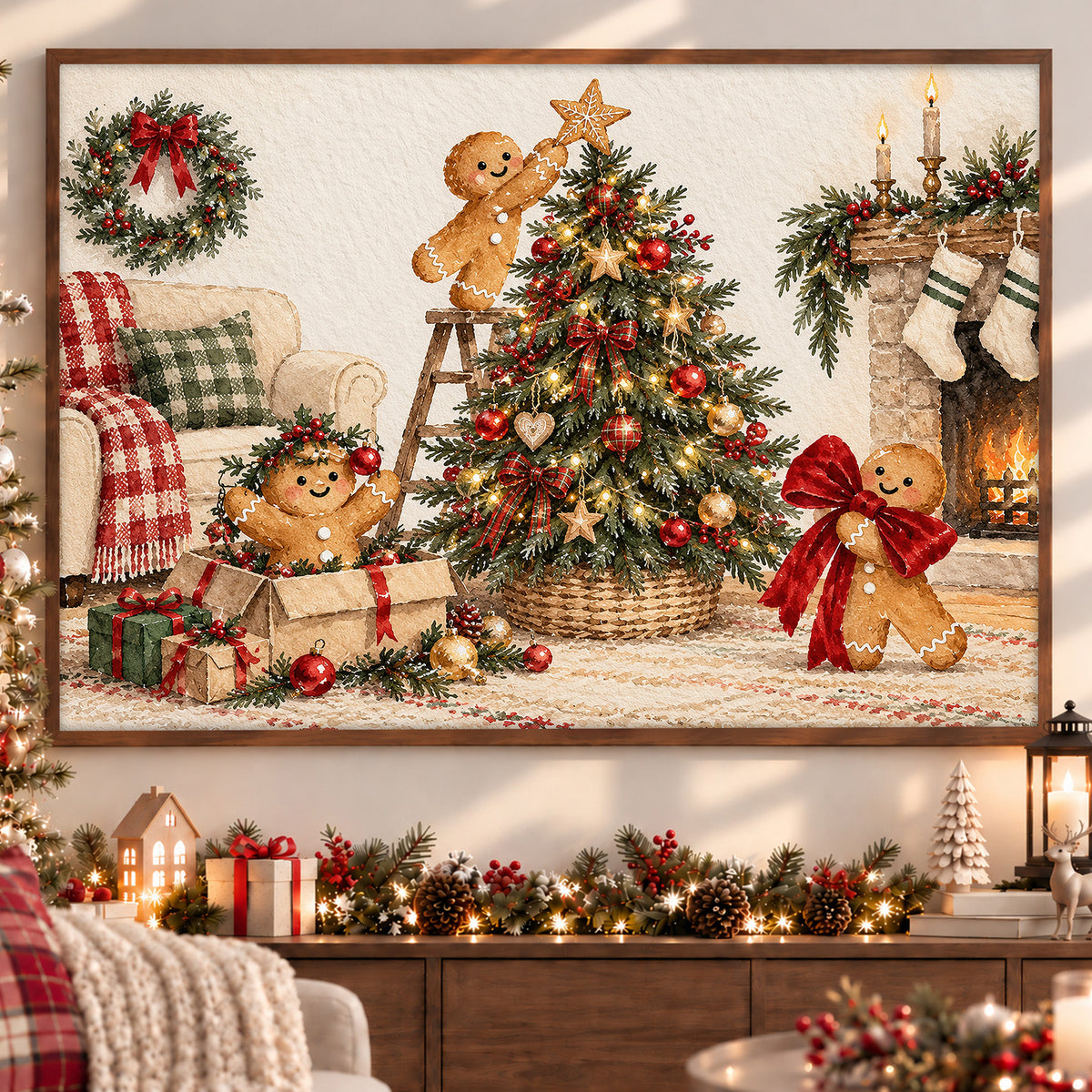 Christmas Gingerbread Canvas Painting, Cute Gingerbread Men Decorating Christmas Tree Wall Art Decor, Xmas Poster Gift For Gingerbread Lover