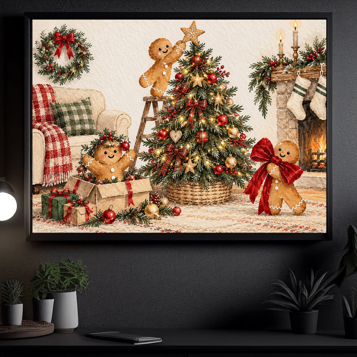 Christmas Gingerbread Canvas Painting, Cute Gingerbread Men Decorating Christmas Tree Wall Art Decor, Xmas Poster Gift For Gingerbread Lover