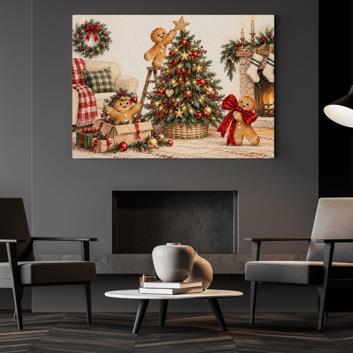 Christmas Gingerbread Canvas Painting, Cute Gingerbread Men Decorating Christmas Tree Wall Art Decor, Xmas Poster Gift For Gingerbread Lover