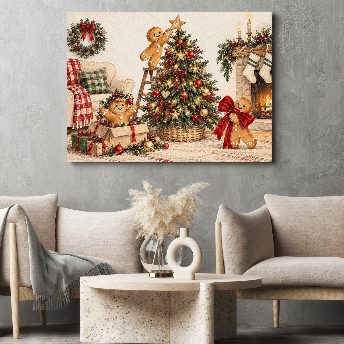 Christmas Gingerbread Canvas Painting, Cute Gingerbread Men Decorating Christmas Tree Wall Art Decor, Xmas Poster Gift For Gingerbread Lover