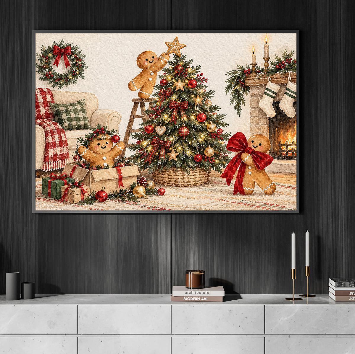 Christmas Gingerbread Canvas Painting, Cute Gingerbread Men Decorating Christmas Tree Wall Art Decor, Xmas Poster Gift For Gingerbread Lover