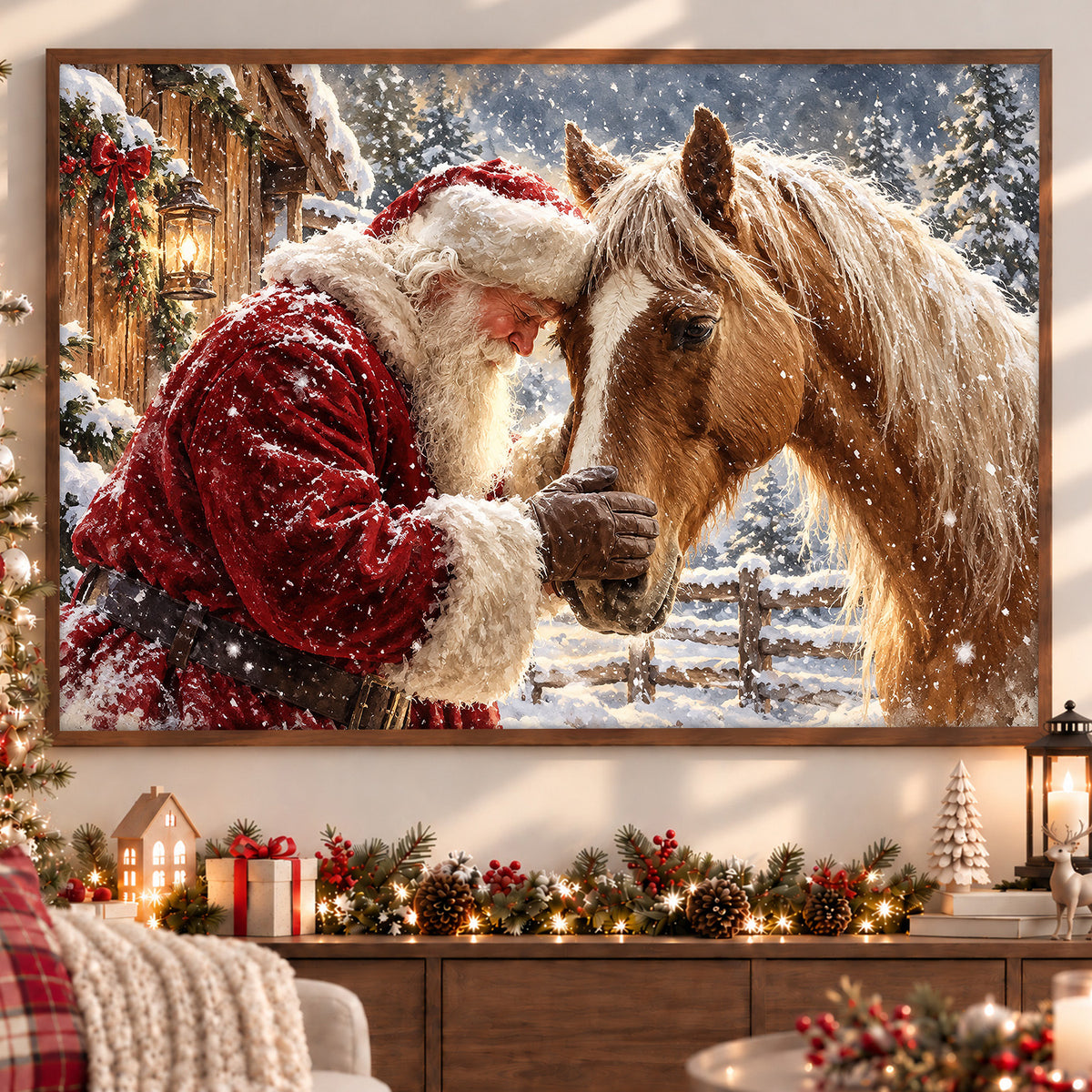 Christmas Horse Canvas Painting, Beautiful Palomino Horse In Snowy Farm Wall Art Decor, Xmas Poster Gift For Equestrian Horse Lover