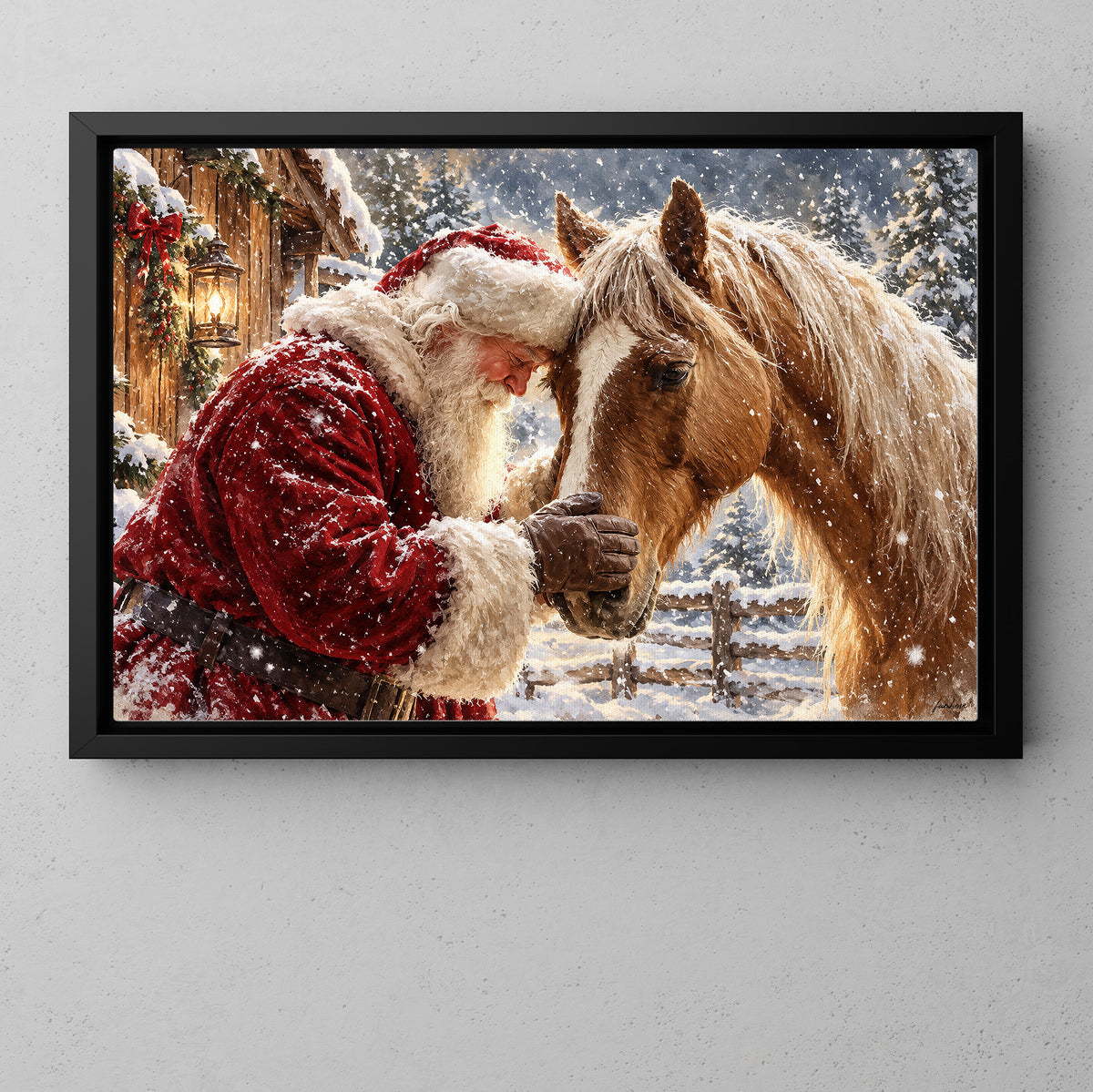 Christmas Horse Canvas Painting, Beautiful Palomino Horse In Snowy Farm Wall Art Decor, Xmas Poster Gift For Equestrian Horse Lover