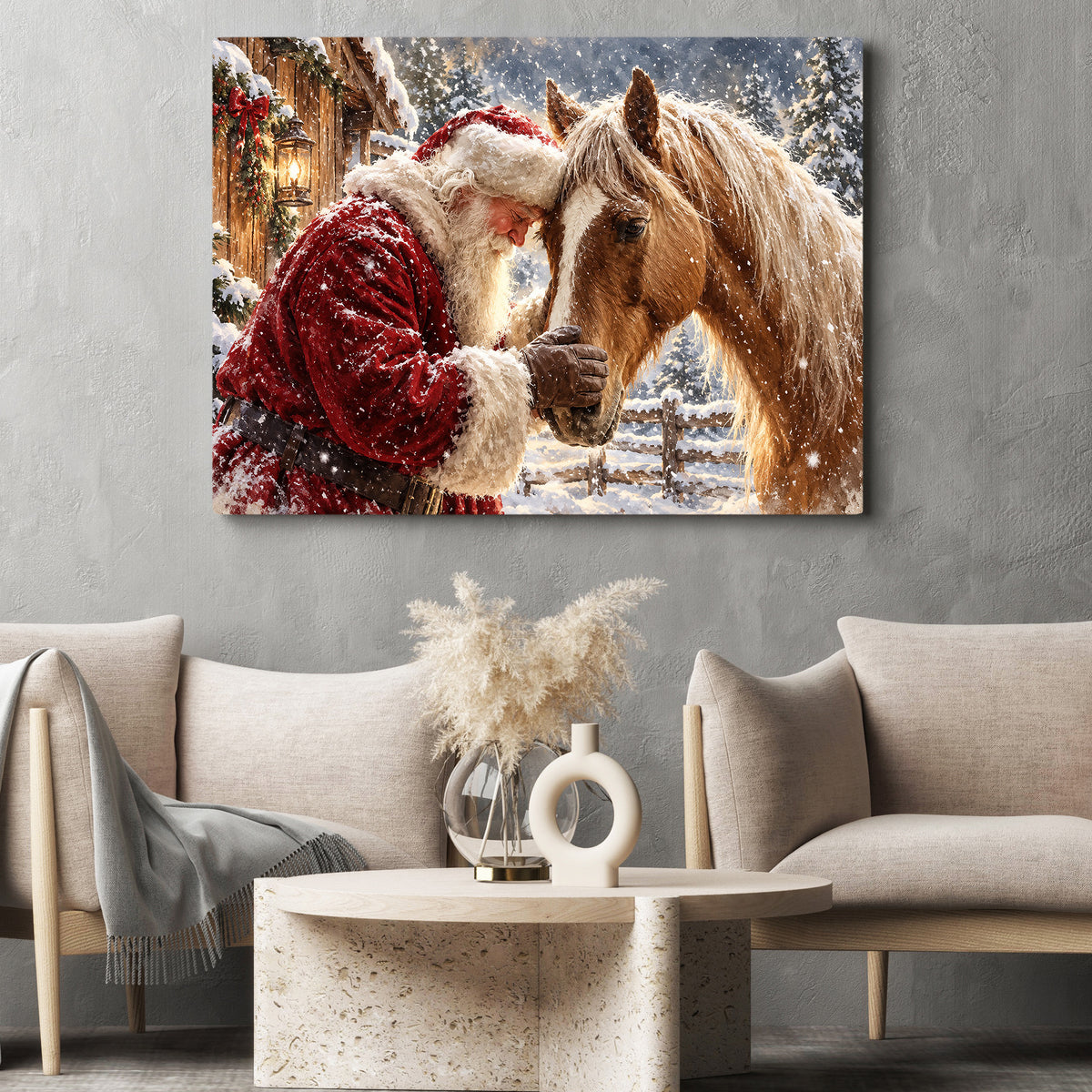 Christmas Horse Canvas Painting, Beautiful Palomino Horse In Snowy Farm Wall Art Decor, Xmas Poster Gift For Equestrian Horse Lover