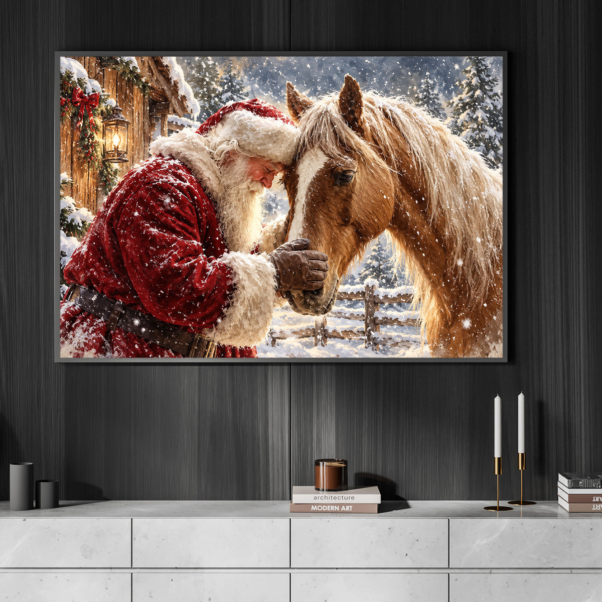 Christmas Horse Canvas Painting, Beautiful Palomino Horse In Snowy Farm Wall Art Decor, Xmas Poster Gift For Equestrian Horse Lover