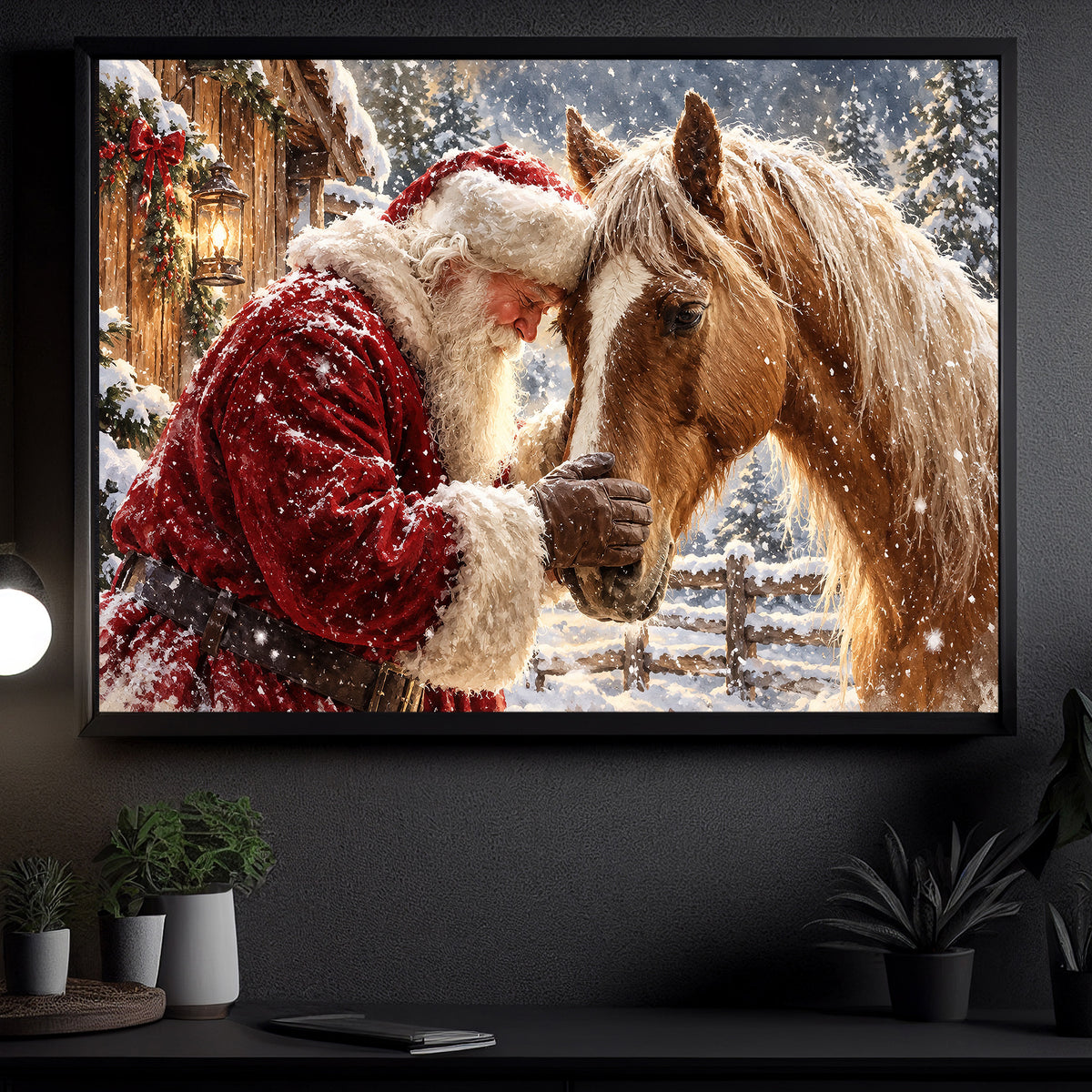 Christmas Horse Canvas Painting, Beautiful Palomino Horse In Snowy Farm Wall Art Decor, Xmas Poster Gift For Equestrian Horse Lover