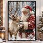Christmas Santa Claus And Reindeer Canvas Painting, Santa Petting Deer In Snowy Forest Tree Wall Art Decor, Xmas Poster Gift For Reindeer Lover