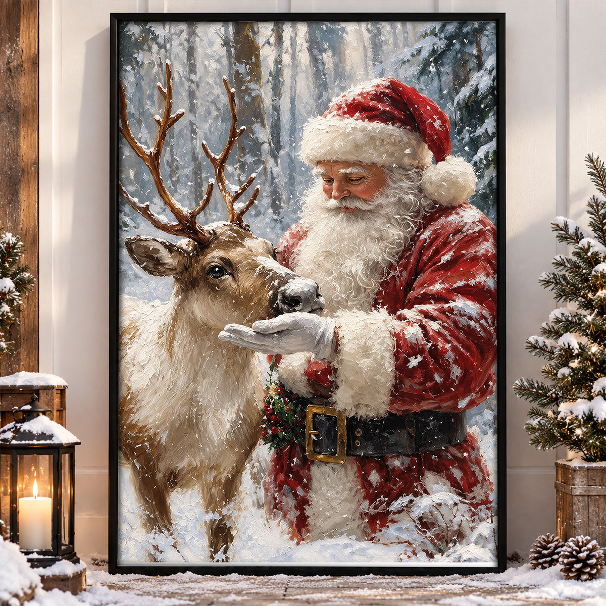 Christmas Santa Claus And Reindeer Canvas Painting, Santa Petting Deer In Snowy Forest Tree Wall Art Decor, Xmas Poster Gift For Reindeer Lover
