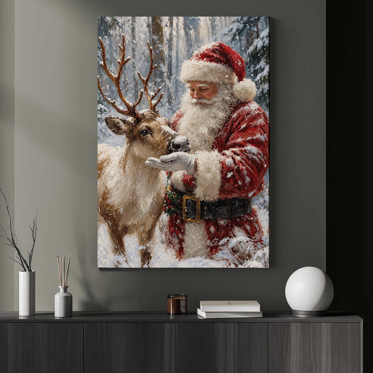 Christmas Santa Claus And Reindeer Canvas Painting, Santa Petting Deer In Snowy Forest Tree Wall Art Decor, Xmas Poster Gift For Reindeer Lover