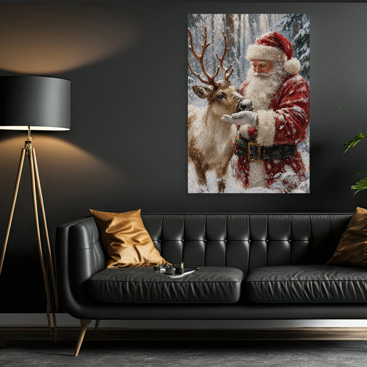 Christmas Santa Claus And Reindeer Canvas Painting, Santa Petting Deer In Snowy Forest Tree Wall Art Decor, Xmas Poster Gift For Reindeer Lover