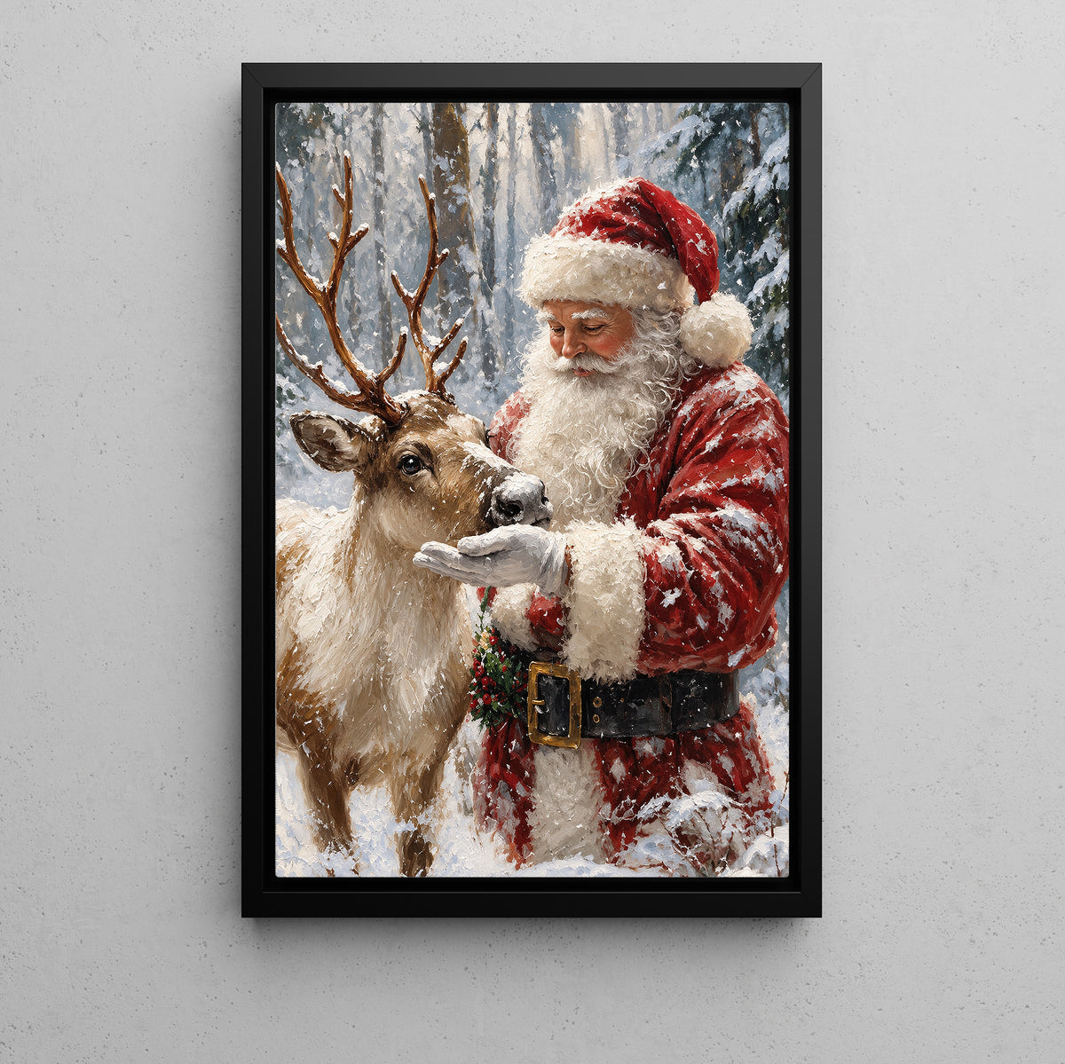 Christmas Santa Claus And Reindeer Canvas Painting, Santa Petting Deer In Snowy Forest Tree Wall Art Decor, Xmas Poster Gift For Reindeer Lover