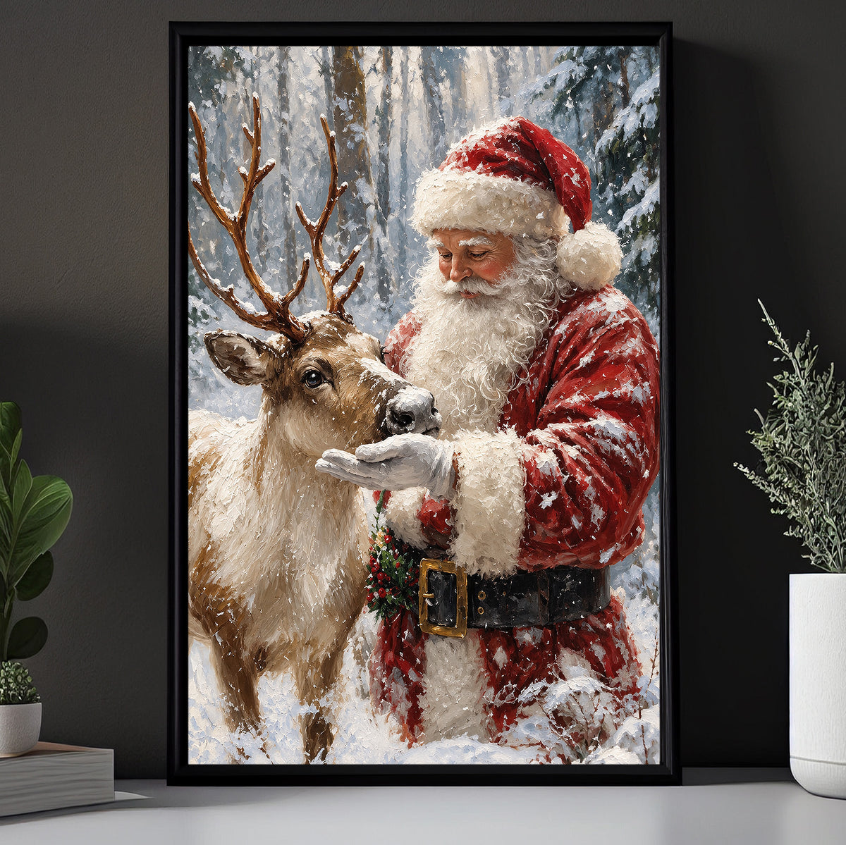 Christmas Santa Claus And Reindeer Canvas Painting, Santa Petting Deer In Snowy Forest Tree Wall Art Decor, Xmas Poster Gift For Reindeer Lover