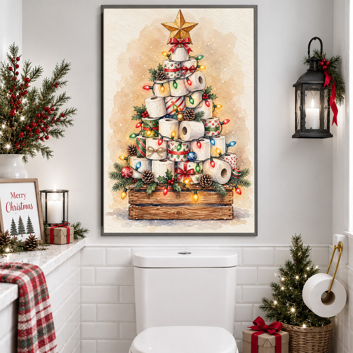 Funny Christmas Toilet Paper Tree Canvas Painting, Festive Toilet Rolls With Colorful Lights Bathroom Wall Art Decor, Xmas Restroom Poster Gift