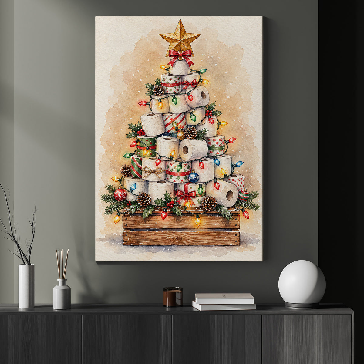 Funny Christmas Toilet Paper Tree Canvas Painting, Festive Toilet Rolls With Colorful Lights Bathroom Wall Art Decor, Xmas Restroom Poster Gift
