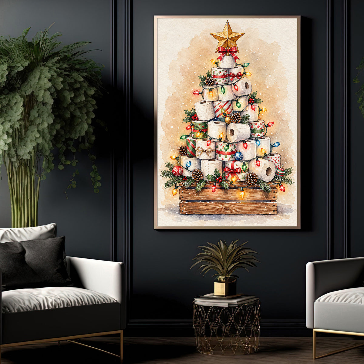 Funny Christmas Toilet Paper Tree Canvas Painting, Festive Toilet Rolls With Colorful Lights Bathroom Wall Art Decor, Xmas Restroom Poster Gift