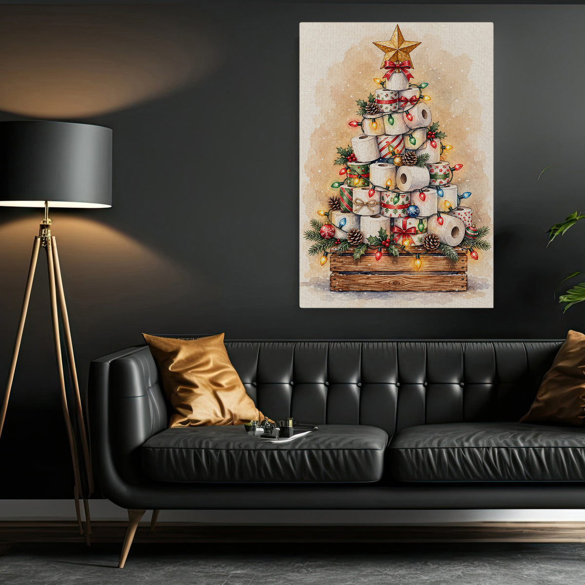 Funny Christmas Toilet Paper Tree Canvas Painting, Festive Toilet Rolls With Colorful Lights Bathroom Wall Art Decor, Xmas Restroom Poster Gift