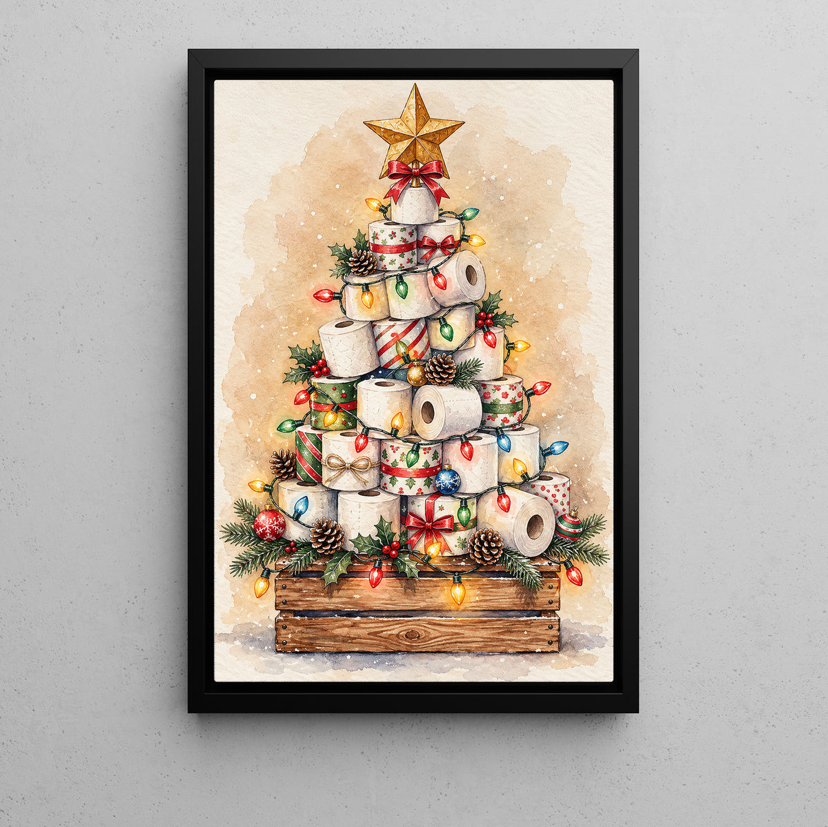 Funny Christmas Toilet Paper Tree Canvas Painting, Festive Toilet Rolls With Colorful Lights Bathroom Wall Art Decor, Xmas Restroom Poster Gift