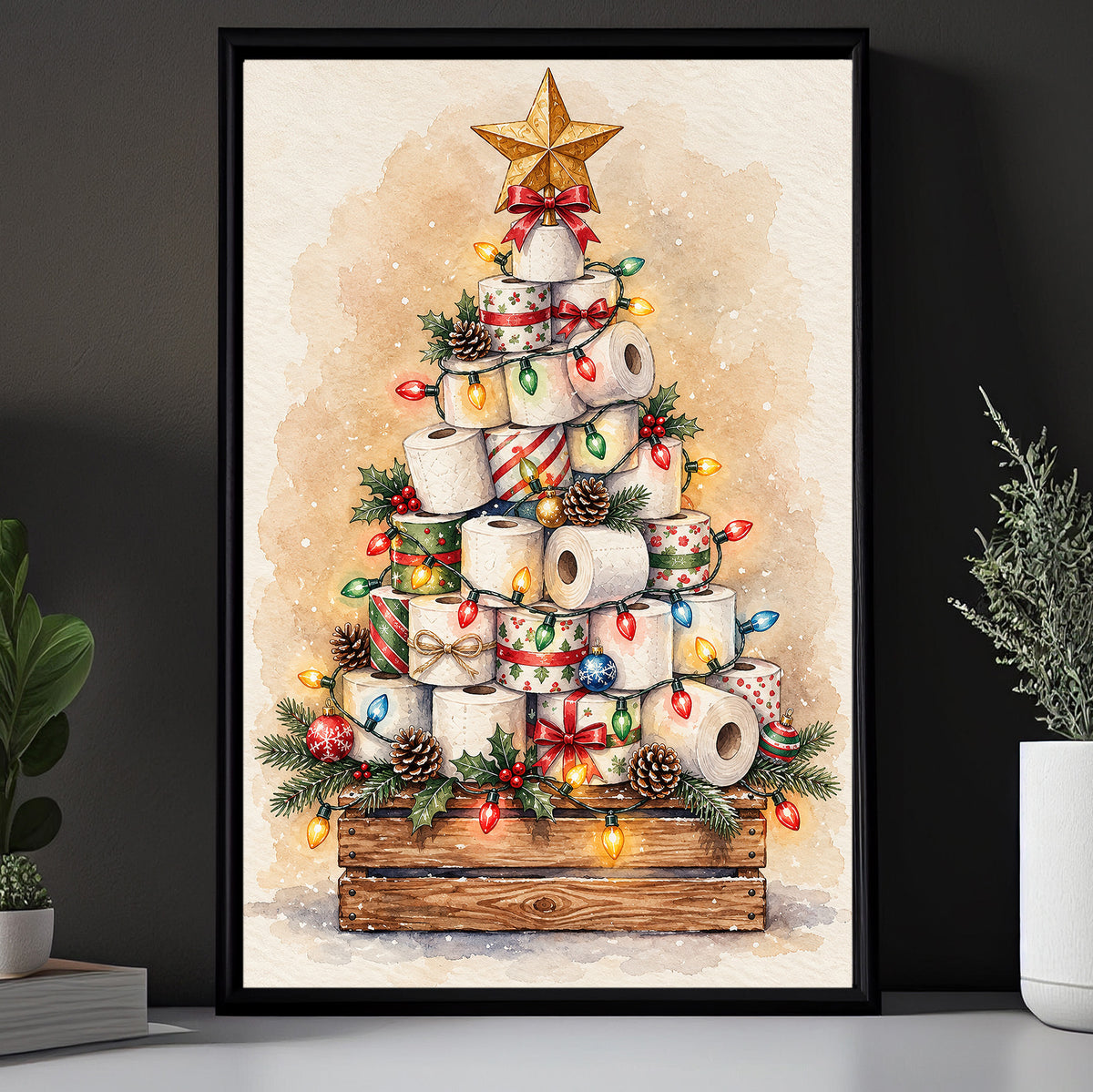 Funny Christmas Toilet Paper Tree Canvas Painting, Festive Toilet Rolls With Colorful Lights Bathroom Wall Art Decor, Xmas Restroom Poster Gift