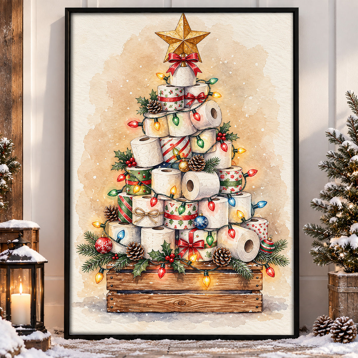 Funny Christmas Toilet Paper Tree Canvas Painting, Festive Toilet Rolls With Colorful Lights Bathroom Wall Art Decor, Xmas Restroom Poster Gift