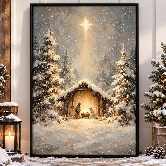Vintage Christmas Nativity Scene Canvas Painting, Baby Jesus Mary And Joseph Under Star Of Bethlehem Wall Art Decor, Xmas Poster Gift