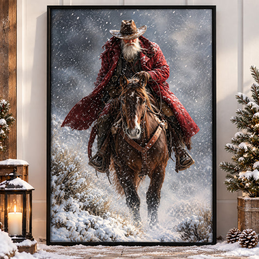 Vintage Christmas Cowboy Canvas Painting, Santa Claus Riding Horse In Snow Wall Art Decor, Xmas Poster Gift For Cowboys